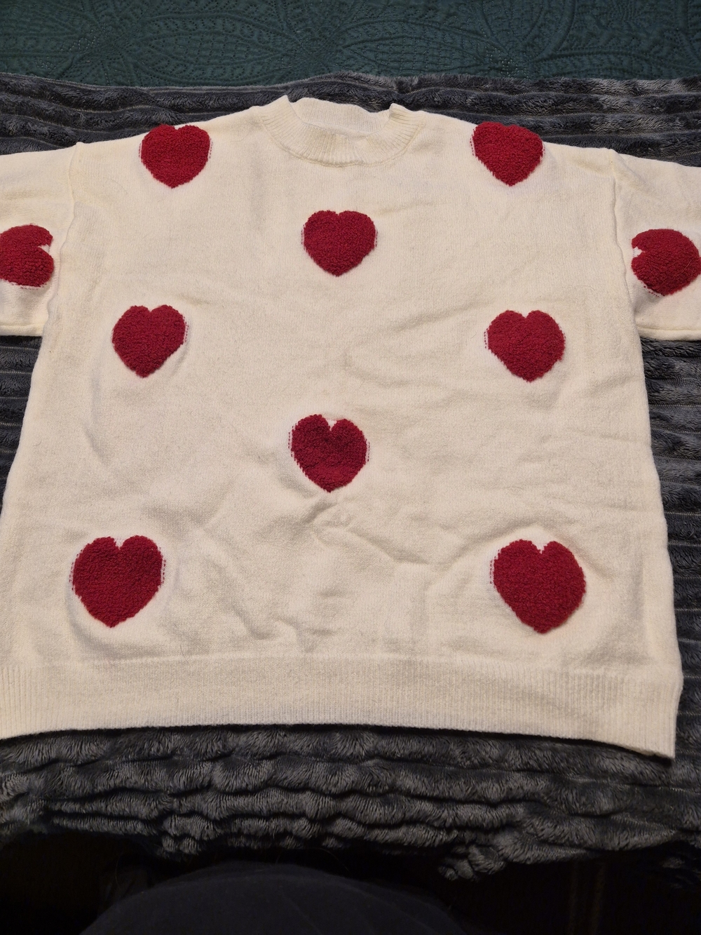 Cream Crewneck Sweater with Red Heart Accents - Women